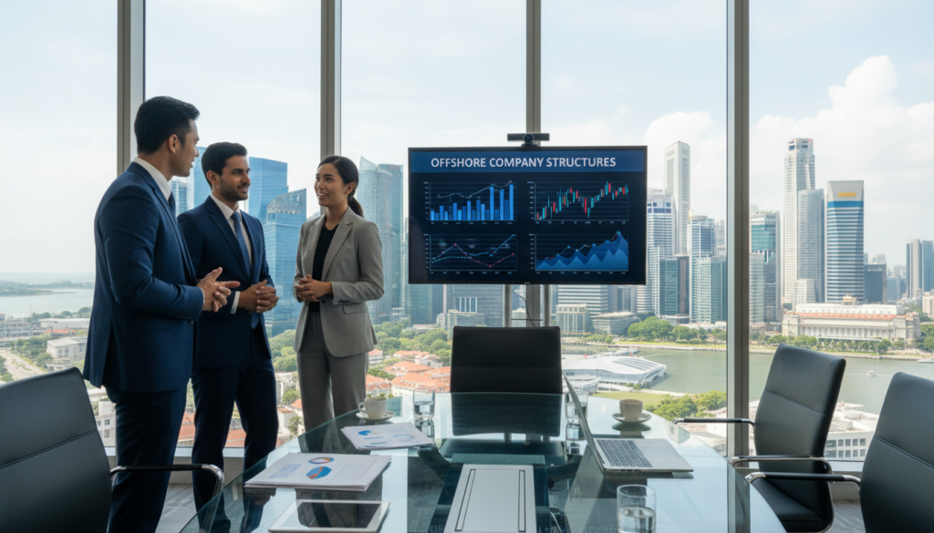 A photorealistic image of a professional office setting in Singapore, showcasing an elegant conference room with a panoramic view of the Singapore skyline. In the foreground, a diverse group of three business professionals, dressed in smart business attire, are engaged in an animated discussion around a sleek glass conference table topped with financial documents and a laptop. The middle layer features a large digital screen displaying financial graphs and data that highlight offshore company structures. In the background, the iconic Marina Bay Sands and the Financial District skyscrapers create a bustling urban atmosphere. The lighting is bright and natural, streaming in through floor-to-ceiling windows, reflecting a productive and optimistic mood conducive to business discussions related to offshore companies.