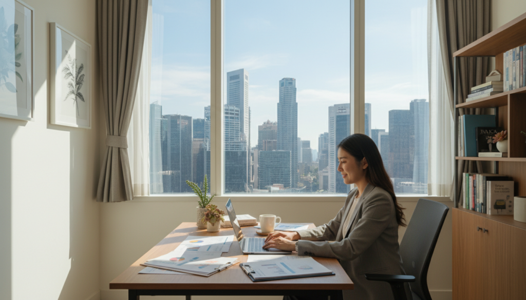 A photorealistic image of a small office space reflecting a sole proprietorship in Singapore. In the foreground, a professional-looking individual in smart business attire sits at a sleek wooden desk cluttered with papers, a laptop, and a small potted plant. The middle layer shows a large window with light streaming in, illuminating the space, and a view of Singapore's skyline in the background featuring modern skyscrapers. The overall atmosphere is one of productivity and professionalism, with soft natural lighting creating a warm and inviting mood. The focus is on the individual and their workspace, capturing the essence of running a small business in an urban environment. A photorealistic image of a small office space reflecting a sole proprietorship in Singapore. In the foreground, a professional-looking individual in smart business attire sits at a sleek wooden desk cluttered with papers, a laptop, and a small potted plant. The middle layer shows a large window with light streaming in, illuminating the space, and a view of Singapore's skyline in the background featuring modern skyscrapers. The overall atmosphere is one of productivity and professionalism, with soft natural lighting creating a warm and inviting mood. The focus is on the individual and their workspace, capturing the essence of running a small business in an urban environment.