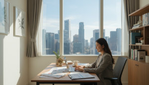 A photorealistic image of a small office space reflecting a sole proprietorship in Singapore. In the foreground, a professional-looking individual in smart business attire sits at a sleek wooden desk cluttered with papers, a laptop, and a small potted plant. The middle layer shows a large window with light streaming in, illuminating the space, and a view of Singapore's skyline in the background featuring modern skyscrapers. The overall atmosphere is one of productivity and professionalism, with soft natural lighting creating a warm and inviting mood. The focus is on the individual and their workspace, capturing the essence of running a small business in an urban environment.