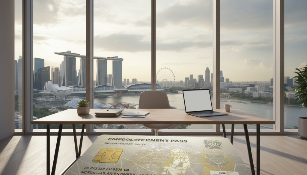 A photorealistic image of an employment pass card displayed prominently in the foreground, showcasing intricate design details such as security features and holograms. In the middle ground, a professional business office scene with a clean desk adorned with a laptop, papers, and a plant, conveying a sense of productivity and professionalism. In the background, large windows reveal a skyline of Singapore, featuring iconic architecture. Soft, natural lighting illuminates the scene, creating a welcoming and modern atmosphere. The overall mood should feel aspirational and focused on opportunities, emphasizing the theme of local employment and residence. Ensure the absence of any text or branding in the image. A photorealistic image of an employment pass card displayed prominently in the foreground, showcasing intricate design details such as security features and holograms. In the middle ground, a professional business office scene with a clean desk adorned with a laptop, papers, and a plant, conveying a sense of productivity and professionalism. In the background, large windows reveal a skyline of Singapore, featuring iconic architecture. Soft, natural lighting illuminates the scene, creating a welcoming and modern atmosphere. The overall mood should feel aspirational and focused on opportunities, emphasizing the theme of local employment and residence. Ensure the absence of any text or branding in the image.
