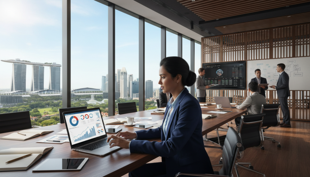 A photorealistic image of an overseas business owner managing a Singapore company. In the foreground, a confident individual of diverse descent, dressed in professional business attire, is focused on a laptop displaying financial graphs. In the middle ground, a modern office setting reflects a blend of Singaporean architecture and international influences, with large windows showing a skyline view featuring iconic buildings like Marina Bay Sands. The background is softly illuminated by natural light, creating an atmosphere of productivity and professionalism. The scene exudes a sense of collaboration, with subtle elements suggesting teamwork, such as documents and charts on the conference table nearby. The overall mood is dynamic and optimistic, representing the global business environment in Singapore. A photorealistic image of an overseas business owner managing a Singapore company. In the foreground, a confident individual of diverse descent, dressed in professional business attire, is focused on a laptop displaying financial graphs. In the middle ground, a modern office setting reflects a blend of Singaporean architecture and international influences, with large windows showing a skyline view featuring iconic buildings like Marina Bay Sands. The background is softly illuminated by natural light, creating an atmosphere of productivity and professionalism. The scene exudes a sense of collaboration, with subtle elements suggesting teamwork, such as documents and charts on the conference table nearby. The overall mood is dynamic and optimistic, representing the global business environment in Singapore.