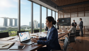 A photorealistic image of an overseas business owner managing a Singapore company. In the foreground, a confident individual of diverse descent, dressed in professional business attire, is focused on a laptop displaying financial graphs. In the middle ground, a modern office setting reflects a blend of Singaporean architecture and international influences, with large windows showing a skyline view featuring iconic buildings like Marina Bay Sands. The background is softly illuminated by natural light, creating an atmosphere of productivity and professionalism. The scene exudes a sense of collaboration, with subtle elements suggesting teamwork, such as documents and charts on the conference table nearby. The overall mood is dynamic and optimistic, representing the global business environment in Singapore.