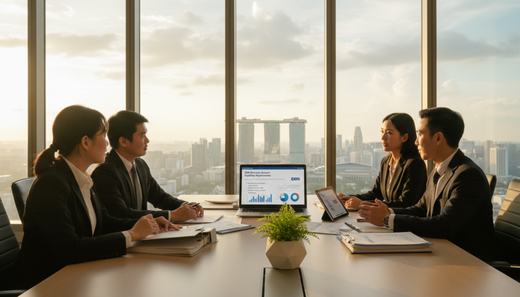 A photorealistic image showcasing a professional business setting focused on eligibility and preparation for opening a DBS Business Bank Account in Singapore. In the foreground, a diverse group of business professionals dressed in smart business attire are engaged in discussion. They are surrounded by documents and a laptop displaying financial charts and lists of required documents. The middle ground features a sleek modern conference table with a decorated plant, neatly arranged papers, and a digital tablet. The background includes a large window with a view of the Singapore skyline, bathed in warm, natural light, creating an inviting atmosphere. The mood is focused and determined, conveying the seriousness of preparing for a bank account application. A photorealistic image showcasing a professional business setting focused on eligibility and preparation for opening a DBS Business Bank Account in Singapore. In the foreground, a diverse group of business professionals dressed in smart business attire are engaged in discussion. They are surrounded by documents and a laptop displaying financial charts and lists of required documents. The middle ground features a sleek modern conference table with a decorated plant, neatly arranged papers, and a digital tablet. The background includes a large window with a view of the Singapore skyline, bathed in warm, natural light, creating an inviting atmosphere. The mood is focused and determined, conveying the seriousness of preparing for a bank account application.