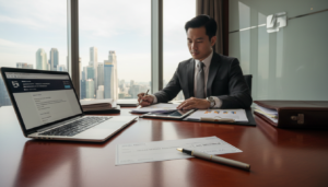A photorealistic image showcasing a professional business setting focused on the concept of an "initial deposit" for a corporate bank account. In the foreground, a polished wooden table with an elegantly designed bank check made out for an initial deposit amount. Beside it, a sleek, modern pen and a laptop displaying a banking interface. In the middle ground, a businessman in a tailored suit examining financial documents, with a briefcase partially open, revealing an organized array of papers. The background features large windows with a cityscape of Singapore, casting soft, natural light into the room. The atmosphere conveys professionalism and financial stability, emphasizing the importance of understanding minimum balance rules in corporate banking.