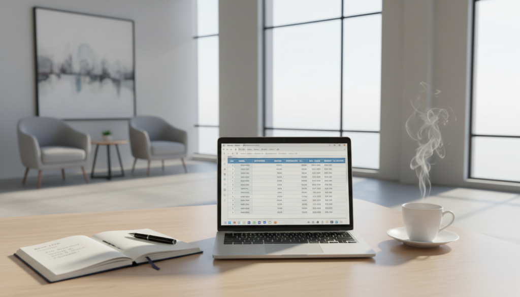 A photorealistic image showcasing an average daily bank balance concept. In the foreground, a pristine wooden desk is adorned with a modern laptop displaying a spreadsheet filled with columns of numbers, depicting various balances. Beside the laptop, a sleek notebook lies open, its pages filled with neatly written notes on bank fees. In the middle ground, an elegant cup of coffee sits next to the laptop, emitting steam, suggesting a professional atmosphere. The background features a minimalist office setting with large windows allowing soft, natural light to filter in, casting gentle shadows. The mood is focused and productive, ideal for financial discussions. The overall scene conveys professionalism and clarity without any text or distractions. A photorealistic image showcasing an average daily bank balance concept. In the foreground, a pristine wooden desk is adorned with a modern laptop displaying a spreadsheet filled with columns of numbers, depicting various balances. Beside the laptop, a sleek notebook lies open, its pages filled with neatly written notes on bank fees. In the middle ground, an elegant cup of coffee sits next to the laptop, emitting steam, suggesting a professional atmosphere. The background features a minimalist office setting with large windows allowing soft, natural light to filter in, casting gentle shadows. The mood is focused and productive, ideal for financial discussions. The overall scene conveys professionalism and clarity without any text or distractions.