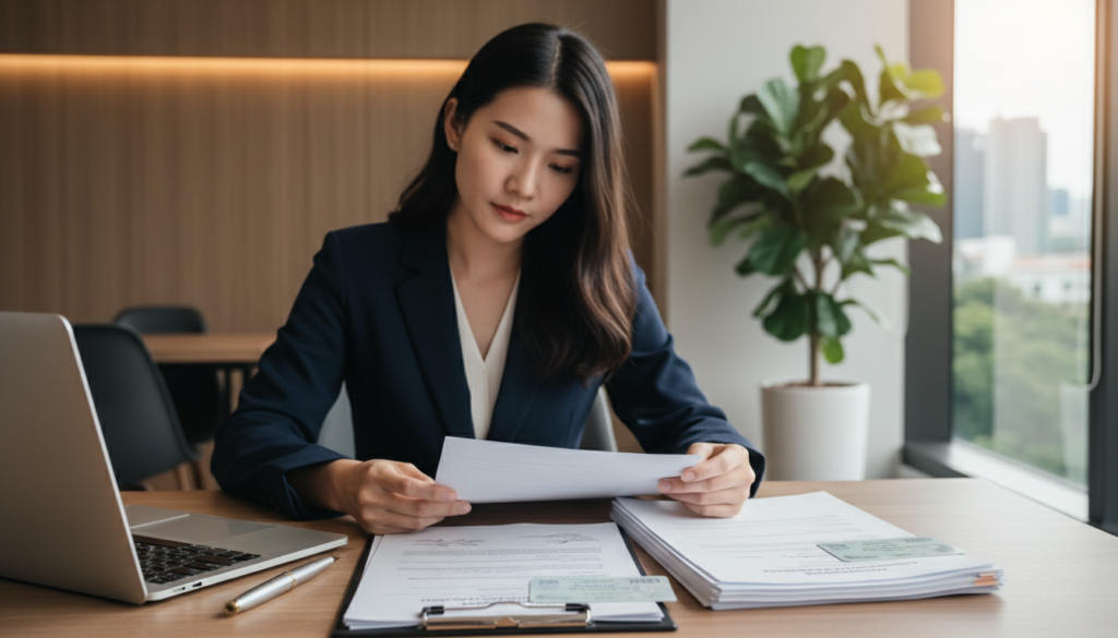 A photorealistic image showcasing an organized workspace displaying the documents required for opening a corporate bank account in Singapore. In the foreground, a neatly stacked pile of official documents, including a business registration certificate, identity cards, and a corporate constitution. A stylish laptop and a sleek pen are arranged beside the documents, reflecting a professional environment. In the middle, a well-dressed individual in business attire carefully reviews the papers, demonstrating focus and diligence. The background features a modern office setting with soft lighting, highlighting a minimalist aesthetic, and hints of greenery through a window. The overall atmosphere conveys professionalism and transparency, suitable for a business context.