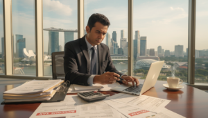 A photorealistic image that visually represents the concept of tax in a professional business environment. In the foreground, a sleek, modern office desk is cluttered with financial documents and tax forms, a calculator, and a cup of coffee. The middle ground features a well-dressed individual, a South Asian or Caucasian professional in formal business attire, intensely reviewing the documents with a focused expression. In the background, large windows reveal a panoramic view of Singapore's skyline, showcasing iconic buildings like Marina Bay Sands under natural daylight. The lighting is bright yet soft, casting gentle shadows to create a warm, serious atmosphere, ideal for conveying the importance of tax and financial considerations.