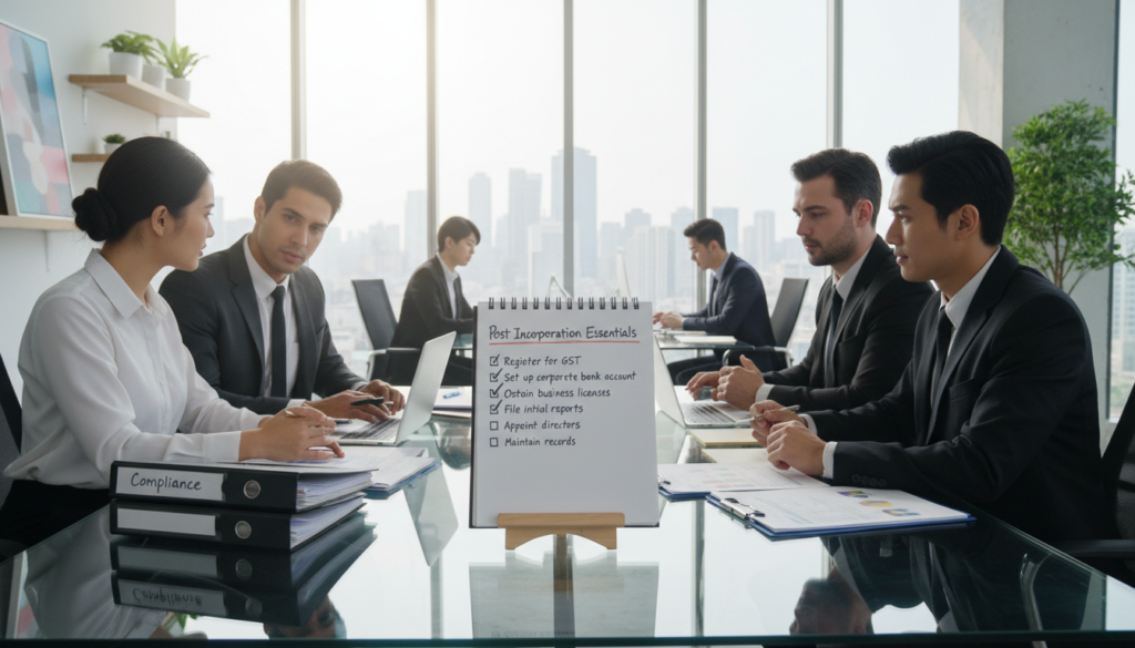 A photorealistic office environment representing post-incorporation compliance. In the foreground, a diverse group of professionals in professional business attire are engaged in a discussion around a modern conference table, with laptops and compliance documents spread out. In the middle ground, an open notebook with a checklist titled “Post-Incorporation Essentials” can be seen, featuring key tasks like "Register for GST" and "Set up corporate bank account". The background features a bright, airy office with large windows allowing natural light to flood the space. The mood is focused and collaborative, conveying a sense of determination and readiness. The angle captures the overall activity while emphasizing the importance of compliance steps in a corporate setting. A photorealistic office environment representing post-incorporation compliance. In the foreground, a diverse group of professionals in professional business attire are engaged in a discussion around a modern conference table, with laptops and compliance documents spread out. In the middle ground, an open notebook with a checklist titled “Post-Incorporation Essentials” can be seen, featuring key tasks like "Register for GST" and "Set up corporate bank account". The background features a bright, airy office with large windows allowing natural light to flood the space. The mood is focused and collaborative, conveying a sense of determination and readiness. The angle captures the overall activity while emphasizing the importance of compliance steps in a corporate setting.