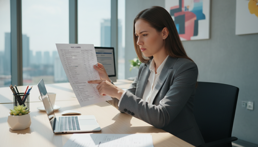 A photorealistic office scene depicting a professional businesswoman in formal attire reviewing a document listing SSIC codes for various business activities. In the foreground, she is closely examining a large printed sheet covered in detailed classifications and codes. In the middle ground, a modern wooden desk with a laptop, a potted plant, and office supplies creates a productive atmosphere. The background features a bright, well-lit office space with glass walls and contemporary artwork. Soft, natural light pours in from a large window, casting gentle shadows to enhance the scene's clarity and focus. The mood is organized, professional, and focused, emphasizing the importance of accurate document preparation for business registration. A photorealistic office scene depicting a professional businesswoman in formal attire reviewing a document listing SSIC codes for various business activities. In the foreground, she is closely examining a large printed sheet covered in detailed classifications and codes. In the middle ground, a modern wooden desk with a laptop, a potted plant, and office supplies creates a productive atmosphere. The background features a bright, well-lit office space with glass walls and contemporary artwork. Soft, natural light pours in from a large window, casting gentle shadows to enhance the scene's clarity and focus. The mood is organized, professional, and focused, emphasizing the importance of accurate document preparation for business registration.
