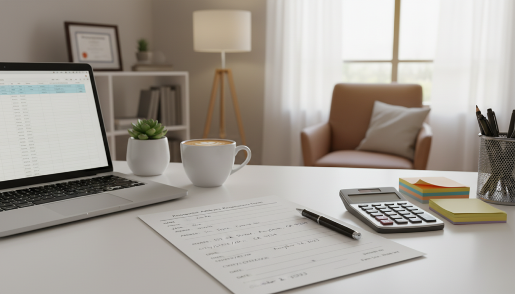 A photorealistic office setting, showcasing a close-up of a desktop with a residential address registration form prominently displayed. The foreground features a neatly arranged workspace with a laptop, a potted plant, and a cup of coffee, all symbolizing a professional ambience. In the middle, the address form is filled out with a residential address and surrounded by office supplies like pens and a calculator, highlighting the process of registration. The background presents a softly blurred view of a home office or study, subtly decorated to convey warmth and professionalism, with natural light filtering through a nearby window. The overall atmosphere is inviting and calm, suggesting a blend of domestic life and business. A photorealistic office setting, showcasing a close-up of a desktop with a residential address registration form prominently displayed. The foreground features a neatly arranged workspace with a laptop, a potted plant, and a cup of coffee, all symbolizing a professional ambience. In the middle, the address form is filled out with a residential address and surrounded by office supplies like pens and a calculator, highlighting the process of registration. The background presents a softly blurred view of a home office or study, subtly decorated to convey warmth and professionalism, with natural light filtering through a nearby window. The overall atmosphere is inviting and calm, suggesting a blend of domestic life and business.