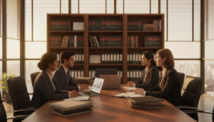 A photorealistic office setting that conveys a sense of compliance and professional corporate administration. In the foreground, a diverse group of three business professionals, dressed in smart business attire, are engaged in a serious discussion around a sleek conference table piled with documents and a laptop displaying compliance charts. In the middle ground, a tall bookshelf filled with legal books and compliance manuals, symbolizing corporate governance, enhances the environment. The background features large windows letting in natural light, creating a warm and focused atmosphere. Light trails from the sun cast soft shadows across the room, emphasizing a sense of diligence and professionalism. The overall mood is one of seriousness and focus, illustrating the importance of ongoing compliance for company management.