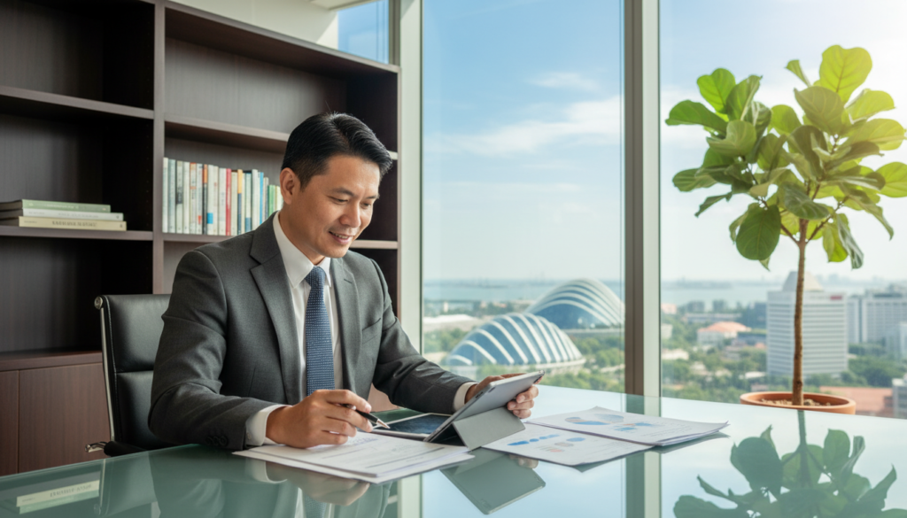 A photorealistic portrait of a nominee director in a modern office setting. In the foreground, a middle-aged Southeast Asian man wearing a tailored suit, confidently reviewing documents on a sleek glass table. His expression is focused but approachable, symbolizing professionalism. In the middle ground, a large window with a view of Singapore's skyline showcases iconic buildings, allowing natural light to flood the room, creating a bright and optimistic atmosphere. On the back wall, a bookshelf filled with business literature adds depth, while a green plant in the corner softens the corporate environment. The overall mood is one of authority and trust, reflecting the important role of a nominee director in managing company operations. A photorealistic portrait of a nominee director in a modern office setting. In the foreground, a middle-aged Southeast Asian man wearing a tailored suit, confidently reviewing documents on a sleek glass table. His expression is focused but approachable, symbolizing professionalism. In the middle ground, a large window with a view of Singapore's skyline showcases iconic buildings, allowing natural light to flood the room, creating a bright and optimistic atmosphere. On the back wall, a bookshelf filled with business literature adds depth, while a green plant in the corner softens the corporate environment. The overall mood is one of authority and trust, reflecting the important role of a nominee director in managing company operations.
