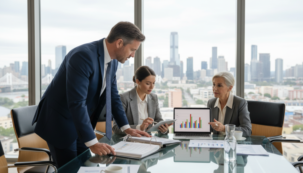 A photorealistic portrayal of a professional business setting featuring a diverse group of three individuals engaged in discussion about corporate governance. In the foreground, a middle-aged male director in a tailored navy suit closely examines documents while a young female consultant in a smart blazer listens attentively, taking notes on a tablet. Next to them, an older woman dressed in an elegant professional attire offers insights, pointing at a chart displayed on a laptop. The midground showcases a modern conference room with a large glass table surrounded by stylish chairs. In the background, floor-to-ceiling windows reveal a bustling city skyline. Soft natural lighting pours in, casting an inviting and professional ambiance over the scene, emphasizing the collaborative mood.