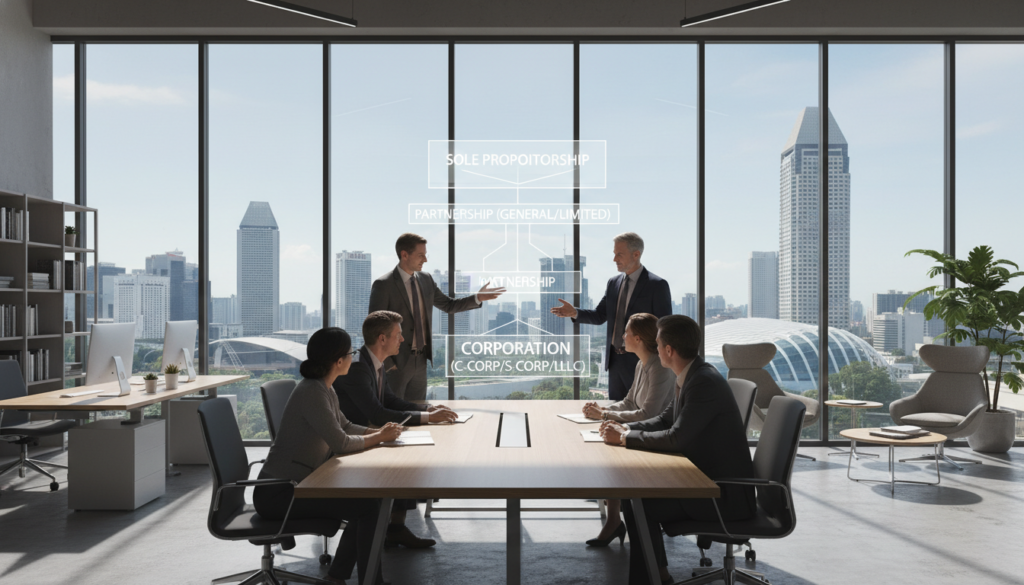 A photorealistic representation of a modern office space illustrating various business structures. In the foreground, a diverse group of professionals in business attire stand around a conference table, pointing at a multi-tiered chart that outlines different company structures such as sole proprietorships, partnerships, and corporations. In the middle ground, a large glass window reveals the iconic skyline of Singapore, showcasing its towering skyscrapers. The background features sleek, contemporary furniture and soft, natural lighting streaming in, creating a productive and collaborative atmosphere. The overall mood is one of focus, professionalism, and optimism, encapsulating the essence of choosing the right business structure. A photorealistic representation of a modern office space illustrating various business structures. In the foreground, a diverse group of professionals in business attire stand around a conference table, pointing at a multi-tiered chart that outlines different company structures such as sole proprietorships, partnerships, and corporations. In the middle ground, a large glass window reveals the iconic skyline of Singapore, showcasing its towering skyscrapers. The background features sleek, contemporary furniture and soft, natural lighting streaming in, creating a productive and collaborative atmosphere. The overall mood is one of focus, professionalism, and optimism, encapsulating the essence of choosing the right business structure.