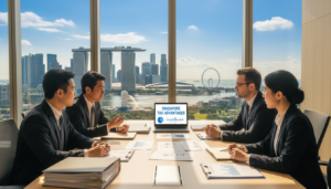 A photorealistic representation of corporate tax residency in Singapore. In the foreground, a diverse group of professionals dressed in smart business attire is engaged in a discussion, surrounded by financial documents and a laptop displaying tax graphs. The middle ground features a modern office setting with large windows revealing a panoramic view of Singapore's iconic skyline, including the Marina Bay Sands and the Merlion. In the background, a bright, sunny day enhances the clarity of the scene, with sunlight streaming through the windows, creating a warm, optimistic atmosphere. The angle is slightly elevated, capturing both the professionals' focused expressions and the vibrant cityscape outside, symbolizing a gateway to global business opportunities.