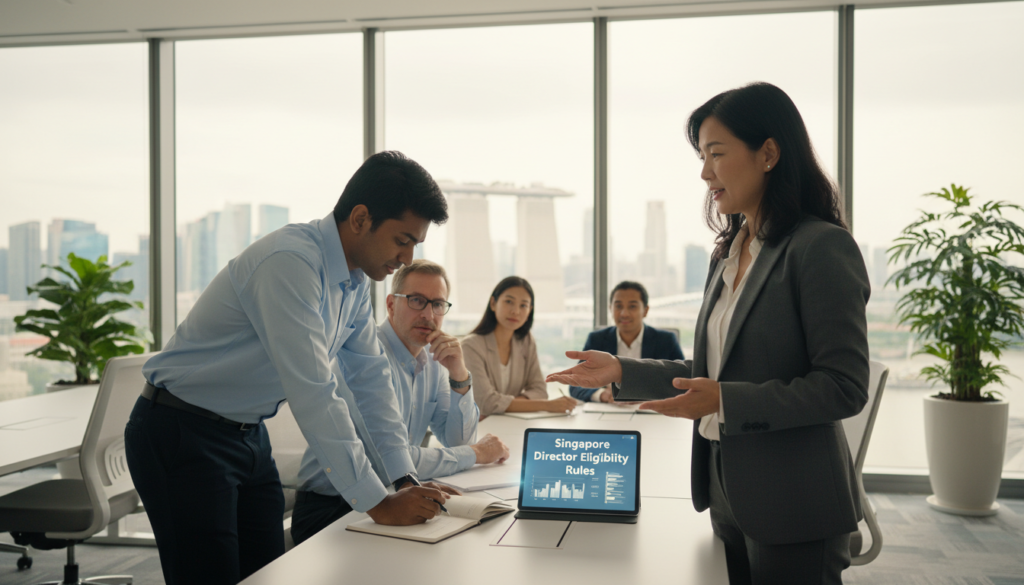 A photorealistic scene capturing a professional setting where a diverse group of business professionals discusses director eligibility rules in Singapore. In the foreground, a confident middle-aged woman of Asian descent in tailored business attire is speaking, gesturing towards a modern digital tablet displaying business charts. In the middle, a young South Asian man is listening intently, taking notes on a notepad. In the background, an office with large glass windows reveals a view of Singapore’s skyline bathed in soft daylight, casting a warm glow across the room. The atmosphere is collaborative and focused, with sleek office furniture and a few potted plants adding a touch of greenery. Shot with a 50mm lens, the depth of field highlights the subjects while the background remains slightly blurred. A photorealistic scene capturing a professional setting where a diverse group of business professionals discusses director eligibility rules in Singapore. In the foreground, a confident middle-aged woman of Asian descent in tailored business attire is speaking, gesturing towards a modern digital tablet displaying business charts. In the middle, a young South Asian man is listening intently, taking notes on a notepad. In the background, an office with large glass windows reveals a view of Singapore’s skyline bathed in soft daylight, casting a warm glow across the room. The atmosphere is collaborative and focused, with sleek office furniture and a few potted plants adding a touch of greenery. Shot with a 50mm lens, the depth of field highlights the subjects while the background remains slightly blurred.