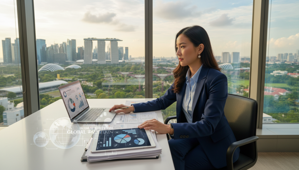 A photorealistic scene depicting a confident Asian woman in professional business attire, sitting at a modern office desk with a laptop open in front of her. She is reviewing financial documents that symbolize overseas income, with charts and graphs showcasing a global perspective on taxation. In the background, there is a large window revealing the iconic Singapore skyline, including skyscrapers and greenery to represent the city's economic vibrancy. Soft, natural lighting filters through the glass, casting gentle shadows that enhance the professional atmosphere. The composition focuses on her concentrated expression, suggesting expertise in offshore income tax rules related to residents. The image should evoke a sense of professionalism, clarity, and financial acumen.