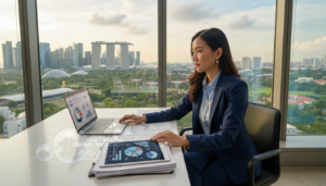 A photorealistic scene depicting a confident Asian woman in professional business attire, sitting at a modern office desk with a laptop open in front of her. She is reviewing financial documents that symbolize overseas income, with charts and graphs showcasing a global perspective on taxation. In the background, there is a large window revealing the iconic Singapore skyline, including skyscrapers and greenery to represent the city's economic vibrancy. Soft, natural lighting filters through the glass, casting gentle shadows that enhance the professional atmosphere. The composition focuses on her concentrated expression, suggesting expertise in offshore income tax rules related to residents. The image should evoke a sense of professionalism, clarity, and financial acumen.