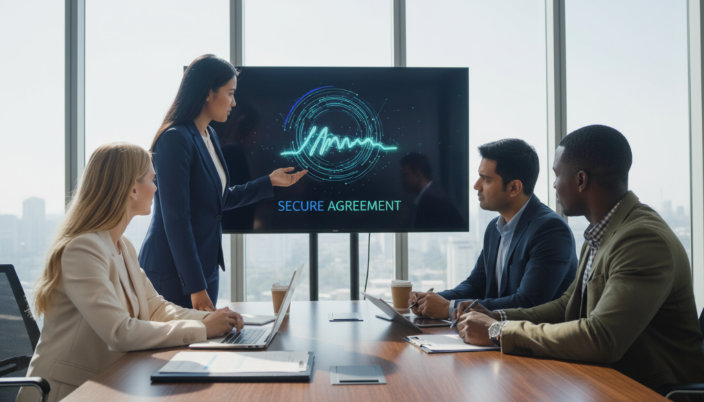 A photorealistic scene depicting a diverse group of four business professionals in a modern office environment, engaged in a discussion about digital signatures and legal agreements. In the foreground, a confident Malay woman in a tailored suit is gesturing towards a large digital screen displaying a stylized, abstract representation of a digital signature. A South Asian man in business attire takes notes on a tablet, while a Caucasian woman in a blazer and a Black man in a smart casual outfit listen intently. The middle ground shows a sleek conference table with laptops and legal documents scattered across it. The background features large windows with sunlight streaming in, creating a warm, professional atmosphere. The overall mood is focused and collaborative, highlighting the importance of understanding digital signatures in business legality.