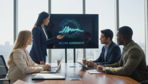 A photorealistic scene depicting a diverse group of four business professionals in a modern office environment, engaged in a discussion about digital signatures and legal agreements. In the foreground, a confident Malay woman in a tailored suit is gesturing towards a large digital screen displaying a stylized, abstract representation of a digital signature. A South Asian man in business attire takes notes on a tablet, while a Caucasian woman in a blazer and a Black man in a smart casual outfit listen intently. The middle ground shows a sleek conference table with laptops and legal documents scattered across it. The background features large windows with sunlight streaming in, creating a warm, professional atmosphere. The overall mood is focused and collaborative, highlighting the importance of understanding digital signatures in business legality.