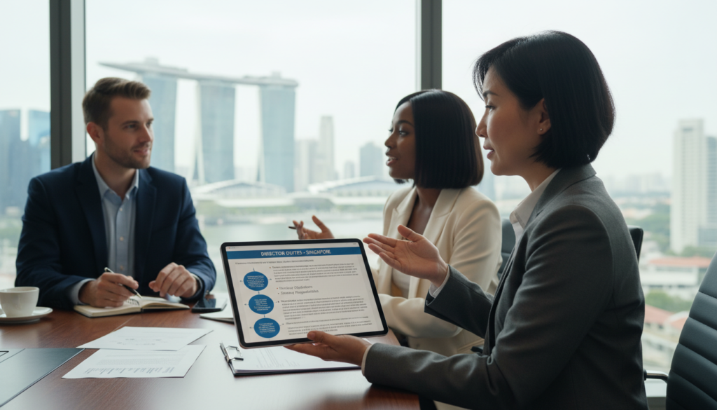 A photorealistic scene depicting a diverse group of four professionals in a modern office setting, discussing director responsibilities in Singapore. In the foreground, a middle-aged Asian woman in a tailored suit points at a digital tablet displaying legal documents. Beside her, a South Asian man in smart business attire takes notes. In the middle, a young Black woman and a Caucasian man engage in conversation, both dressed in professional attire, showcasing teamwork. The background features large windows revealing a skyline of Singapore, with soft natural light illuminating the room, adding a sense of clarity and focus. The mood is serious yet collaborative, emphasizing fiduciary and statutory obligations of directors. A photorealistic scene depicting a diverse group of four professionals in a modern office setting, discussing director responsibilities in Singapore. In the foreground, a middle-aged Asian woman in a tailored suit points at a digital tablet displaying legal documents. Beside her, a South Asian man in smart business attire takes notes. In the middle, a young Black woman and a Caucasian man engage in conversation, both dressed in professional attire, showcasing teamwork. The background features large windows revealing a skyline of Singapore, with soft natural light illuminating the room, adding a sense of clarity and focus. The mood is serious yet collaborative, emphasizing fiduciary and statutory obligations of directors.