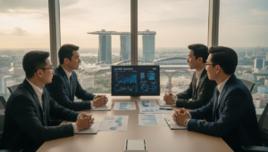 A photorealistic scene depicting a modern business environment in Singapore, featuring a high-rise office with panoramic city views. In the foreground, a diverse group of professionals in smart business attire is engaged in a focused discussion around a sleek conference table, with charts and digital screens displaying financial data related to income taxation. The middle ground shows a large window with a view of iconic landmarks like Marina Bay Sands and the Supertree Grove, bathed in warm, natural light. The background captures the vibrant cityscape, bustling with activity, creating an atmosphere of productivity and success. The overall mood is one of professionalism, collaboration, and optimism about financial growth and regulations.