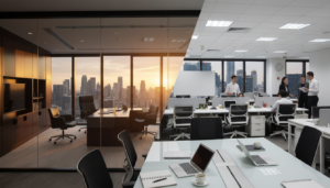 A photorealistic scene depicting a modern office environment split into two distinct areas: on the left, a sleek, high-end executive office with dark wood furniture, luxurious leather chairs, and large windows showcasing a city skyline, bathed in warm, golden light. On the right, a more modest yet functional workspace featuring simple desks, bright lighting, and a casual atmosphere, with employees in professional attire engaged in discussions. The foreground includes a stylish conference table with laptops and notebooks, while the middle showcases the contrasting office spaces, and the background captures the vibrant city life of Singapore. The mood conveys a professional yet approachable vibe, reflecting considerations of premium versus budget office providers.