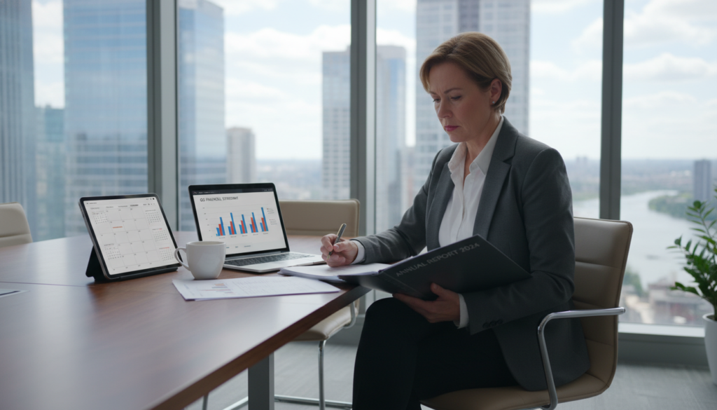 A photorealistic scene depicting a nominee director in a modern office environment, sitting at a sleek conference table. In the foreground, the nominee director, a middle-aged professional wearing smart business attire, reviews corporate documents with a serious expression, symbolizing their statutory duties. In the middle ground, a laptop displays a financial report, with a digital tablet and a cup of coffee nearby, reflecting day-to-day tasks. The background features large windows offering a cityscape view, illuminated by natural light that suggests a productive work atmosphere. The overall mood is focused and professional, emphasizing the importance of a nominee director's role in corporate governance and compliance.