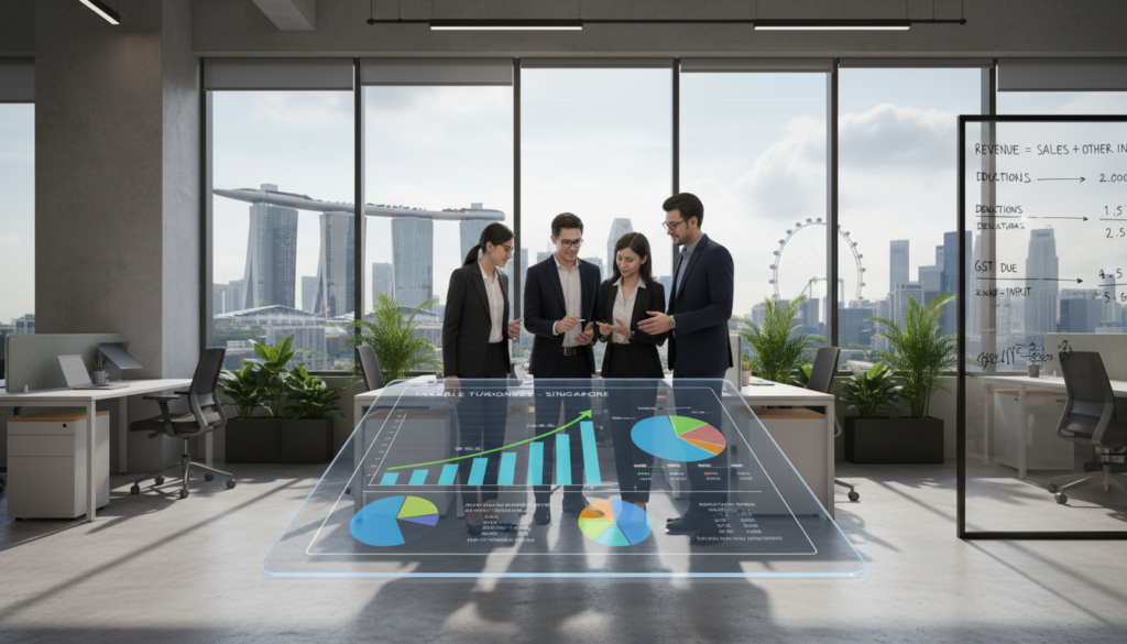 A photorealistic scene depicting a professional business environment focused on taxable turnover in Singapore. In the foreground, a diverse group of business professionals in smart attire is engaged in discussion, analyzing colorful graphs and charts on a sleek digital tablet. The middle ground features a modern office space with large windows showing a cityscape, lush greenery, and the iconic Singapore skyline. Soft, natural lighting filters through the windows, casting gentle shadows that create a warm atmosphere. In the background, a whiteboard filled with financial data and calculations enhances the context of tracking taxable turnover. The overall mood is focused and collaborative, emphasizing the importance of financial awareness in business. A photorealistic scene depicting a professional business environment focused on taxable turnover in Singapore. In the foreground, a diverse group of business professionals in smart attire is engaged in discussion, analyzing colorful graphs and charts on a sleek digital tablet. The middle ground features a modern office space with large windows showing a cityscape, lush greenery, and the iconic Singapore skyline. Soft, natural lighting filters through the windows, casting gentle shadows that create a warm atmosphere. In the background, a whiteboard filled with financial data and calculations enhances the context of tracking taxable turnover. The overall mood is focused and collaborative, emphasizing the importance of financial awareness in business.