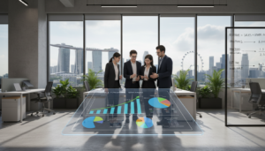 A photorealistic scene depicting a professional business environment focused on taxable turnover in Singapore. In the foreground, a diverse group of business professionals in smart attire is engaged in discussion, analyzing colorful graphs and charts on a sleek digital tablet. The middle ground features a modern office space with large windows showing a cityscape, lush greenery, and the iconic Singapore skyline. Soft, natural lighting filters through the windows, casting gentle shadows that create a warm atmosphere. In the background, a whiteboard filled with financial data and calculations enhances the context of tracking taxable turnover. The overall mood is focused and collaborative, emphasizing the importance of financial awareness in business.