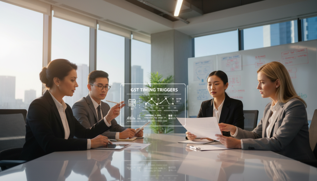 A photorealistic scene illustrating "GST timing triggers" in a professional setting, featuring a diverse group of four individuals in business attire discussing key registration thresholds. In the foreground, a confident middle-aged woman points to a digital chart displaying timelines and crucial deadlines. Beside her, a young man takes notes on a tablet, while two women, one of Asian descent and the other of Caucasian descent, review documents on a sleek conference table. The middle ground features a large window with natural light streaming in, creating a bright and inviting atmosphere. The background shows a modern office setup with potted plants and a whiteboard filled with key points on GST registration. Soft, diffused lighting enhances the professionalism of the scene, while the camera angle captures a dynamic view of collaboration and clarity in understanding complex financial timelines.