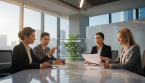 A photorealistic scene illustrating "GST timing triggers" in a professional setting, featuring a diverse group of four individuals in business attire discussing key registration thresholds. In the foreground, a confident middle-aged woman points to a digital chart displaying timelines and crucial deadlines. Beside her, a young man takes notes on a tablet, while two women, one of Asian descent and the other of Caucasian descent, review documents on a sleek conference table. The middle ground features a large window with natural light streaming in, creating a bright and inviting atmosphere. The background shows a modern office setup with potted plants and a whiteboard filled with key points on GST registration. Soft, diffused lighting enhances the professionalism of the scene, while the camera angle captures a dynamic view of collaboration and clarity in understanding complex financial timelines.