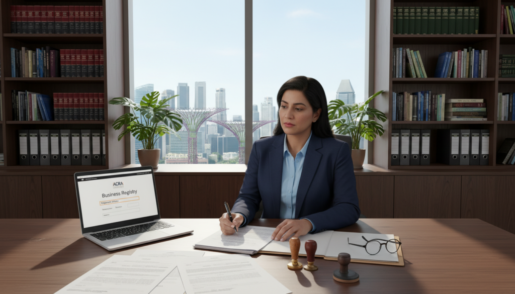 A photorealistic scene of a modern office environment showcasing the legal requirements for a registered office address in Singapore. In the foreground, a well-organized desk with important documents such as business registration forms, official seals, and a laptop displaying a registration website. The middle ground features a professional business person in smart attire, reviewing paperwork with a focused expression. They are surrounded by potted plants and shelves filled with legal books. The background shows a sleek window offering a view of Singapore's skyline during daylight, with natural light streaming in, casting soft shadows. The overall atmosphere is one of professionalism and clarity, emphasizing the importance of precise legal documentation for business registration.