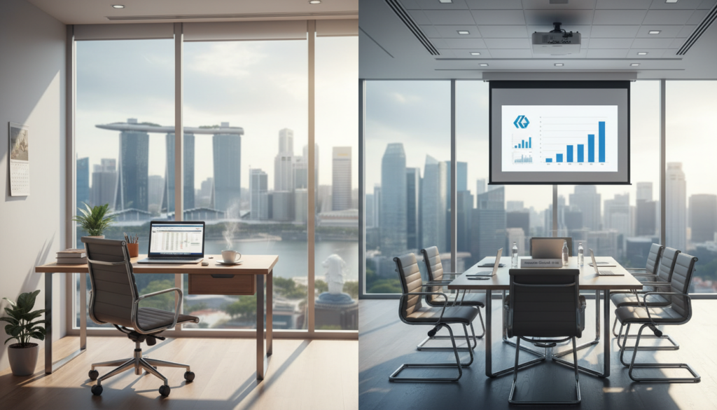 A photorealistic side-by-side comparison illustration of a Singapore Sole Proprietorship and a Private Limited Company. In the foreground, display two distinct office setups: on the left, a single desk with a laptop, paperwork, and a coffee mug, symbolizing the Sole Proprietorship; on the right, a modern conference table with multiple chairs, a projector, and company branding, representing the Private Limited. The middle ground features a blurred skyline of Singapore’s business district; tall buildings like Marina Bay Sands and the Merlion can be recognized. Soft daylight illuminates the scene through large windows, creating a professional ambiance. The overall mood should convey clarity and professionalism, highlighting the contrast between the two business structures without any text or distractions. A photorealistic side-by-side comparison illustration of a Singapore Sole Proprietorship and a Private Limited Company. In the foreground, display two distinct office setups: on the left, a single desk with a laptop, paperwork, and a coffee mug, symbolizing the Sole Proprietorship; on the right, a modern conference table with multiple chairs, a projector, and company branding, representing the Private Limited. The middle ground features a blurred skyline of Singapore’s business district; tall buildings like Marina Bay Sands and the Merlion can be recognized. Soft daylight illuminates the scene through large windows, creating a professional ambiance. The overall mood should convey clarity and professionalism, highlighting the contrast between the two business structures without any text or distractions.