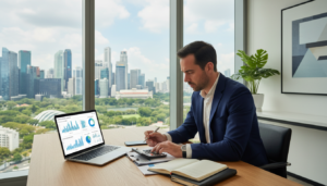 A polished office desk set in a bright, modern workspace, featuring a sleek laptop displaying a financial dashboard with charts and graphs related to business bank accounts. In the foreground, a professional businessperson, dressed in smart attire, is analyzing documents and using a calculator, exuding focus and determination. The middle ground showcases a large window with a view of Singapore’s skyline, filled with tall buildings and greenery. Soft natural light filters into the scene, creating an inviting atmosphere. The background conveys a sense of professionalism and innovation, with subtle decorative touches like a potted plant and minimalist artwork on the walls. The overall mood is one of productivity and guidance for SMEs exploring bank account options.
