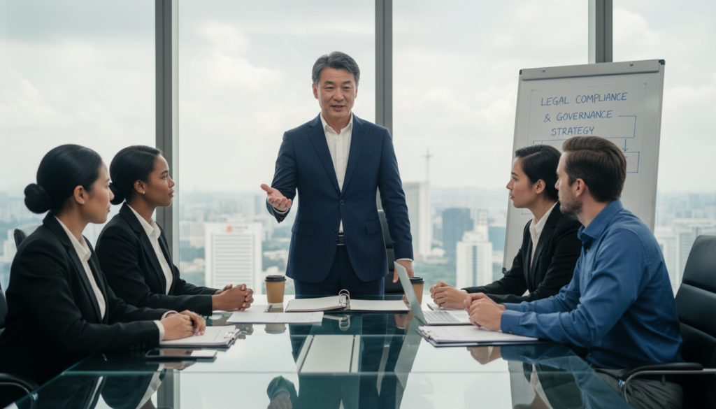 A professional Singaporean resident director standing confidently in a sleek modern office environment, characterized by large windows showcasing a city skyline. The director, a middle-aged Asian man wearing a tailored navy suit and a crisp white shirt, is engaged in a discussion with a diverse team of colleagues seated around a polished glass boardroom table, including a Black woman in formal attire and a Caucasian man in business casual. Bright, natural light floods the room, creating an optimistic atmosphere. The scene captures the essence of corporate leadership and legal responsibility, with a backdrop of well-organized documents and a strategic presentation board, reflecting professionalism and clarity. Shot with a 50mm lens to create a sharp focus on the subjects and a blurred cityscape in the background. A professional Singaporean resident director standing confidently in a sleek modern office environment, characterized by large windows showcasing a city skyline. The director, a middle-aged Asian man wearing a tailored navy suit and a crisp white shirt, is engaged in a discussion with a diverse team of colleagues seated around a polished glass boardroom table, including a Black woman in formal attire and a Caucasian man in business casual. Bright, natural light floods the room, creating an optimistic atmosphere. The scene captures the essence of corporate leadership and legal responsibility, with a backdrop of well-organized documents and a strategic presentation board, reflecting professionalism and clarity. Shot with a 50mm lens to create a sharp focus on the subjects and a blurred cityscape in the background.