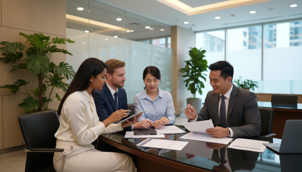 A professional bank office setting in Singapore, focusing on a step-by-step account opening process. In the foreground, a diverse group of individuals in professional attire, including a woman in a smart blouse and a man in a suit, are discussing documents at a sleek, modern desk with a laptop and paperwork. In the middle ground, a bank representative, dressed professionally, is providing guidance with a friendly demeanor, pointing at an application form. The background features a contemporary bank interior with glass partitions, plants, and subtle lighting that creates a warm yet corporate atmosphere. The scene is illuminated with soft, natural light coming from large windows, captured at a shallow depth of field to emphasize the foreground interaction. The mood conveys professionalism, clarity, and cooperation.