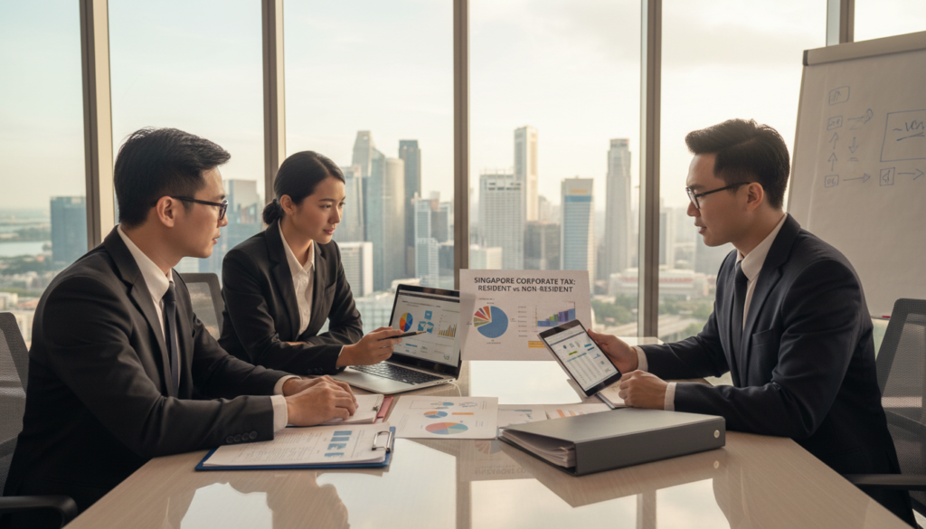 A professional business environment depicting the tax implications for resident versus non-resident companies in Singapore. In the foreground, a diverse group of three professionals in business attire, two men and one woman, are engaged in a serious discussion over financial documents and a laptop. In the middle background, a large glass window showcases a city skyline, hinting at Singapore's urban landscape with iconic buildings. The atmosphere is focused and analytical, illuminated by soft, natural light filtering through the window, creating a warm yet professional mood. A sleek conference table with charts and reports enhances the corporate setting, while the overall composition balances clarity and depth, capturing the essence of corporate tax considerations.