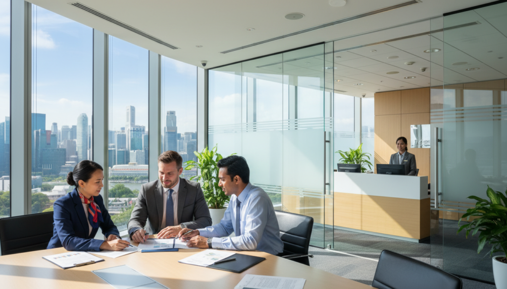 A professional business environment illustrating the concept of who can open a business account in Singapore. In the foreground, a diverse group of business professionals, including a Southeast Asian woman in formal attire, a Caucasian man in a tailored suit, and a South Asian individual in smart-casual clothing, engaged in discussion over paperwork. In the middle ground, a modern, glass-walled bank office with an open layout showcases a reception desk and a bank officer assisting clients. The background features a cityscape of Singapore, with iconic skyscrapers under a bright, sunny sky. The lighting is natural, coming through large windows, creating a welcoming atmosphere. Capture the scene from an eye-level angle, emphasizing professionalism and collaboration in the business setting.