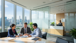 A professional business environment illustrating the concept of who can open a business account in Singapore. In the foreground, a diverse group of business professionals, including a Southeast Asian woman in formal attire, a Caucasian man in a tailored suit, and a South Asian individual in smart-casual clothing, engaged in discussion over paperwork. In the middle ground, a modern, glass-walled bank office with an open layout showcases a reception desk and a bank officer assisting clients. The background features a cityscape of Singapore, with iconic skyscrapers under a bright, sunny sky. The lighting is natural, coming through large windows, creating a welcoming atmosphere. Capture the scene from an eye-level angle, emphasizing professionalism and collaboration in the business setting.