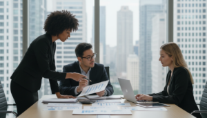 A professional business environment showcasing a fixed place operation related to tax exemption. In the foreground, a diverse group of three professionals engaged in focused discussion over documents and a laptop, dressed in business attire. The middle layer features a large, sleek conference table filled with financial reports, charts, and a calculator, symbolizing detailed analysis of foreign sourced income. In the background, large windows reveal a modern city skyline, illuminated by soft daylight filtering through. The atmosphere is serious yet collaborative, reflecting the importance of understanding specified foreign income. The image should have natural lighting to convey clarity and professionalism, with a slight depth of field that emphasizes the subjects at the table while softly blurring the background.