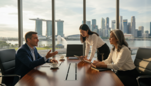 A professional business meeting in a modern office setting in Singapore, featuring a diverse group of three individuals discussing ideas around a sleek conference table. In the foreground, a middle-aged man in a tailored suit gestures as he speaks, and a young woman in business attire takes notes intently. A third participant, an older woman in modest professional clothing, observes thoughtfully. The background showcases large windows with a view of Singapore's iconic skyline, including the Marina Bay Sands and the Merlion. Warm, natural light filters in, creating an atmosphere of collaboration and focus. The camera angle captures the group's engagement, framing their expressions and the cityscape in a photorealistic style.