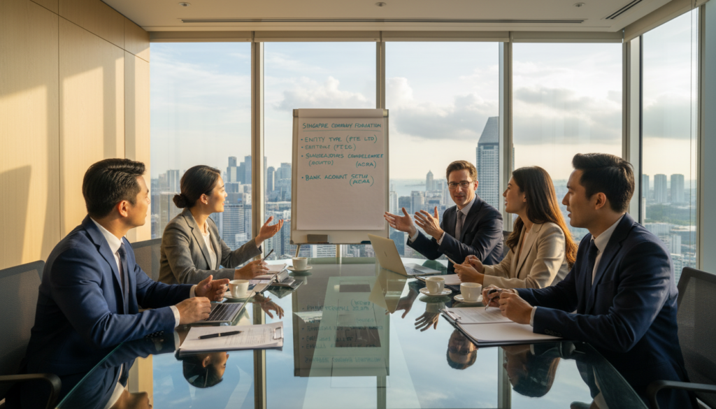 A professional business meeting room set up for a discussion on pre-incorporation decisions for a foreign founder company in Singapore. In the foreground, a diverse group of individuals, dressed in professional business attire, are seated around a sleek, modern conference table. They are engaged in animated conversation, with documents and laptops open before them. In the middle ground, a large whiteboard displays strategic notes and diagrams related to company structure and regulatory considerations. The background shows a panoramic view of Singapore’s skyline through floor-to-ceiling windows, with natural sunlight flooding the room, creating an energetic and collaborative atmosphere. The scene is captured in a photorealistic style, with a focus on warm lighting and sharp details. A professional business meeting room set up for a discussion on pre-incorporation decisions for a foreign founder company in Singapore. In the foreground, a diverse group of individuals, dressed in professional business attire, are seated around a sleek, modern conference table. They are engaged in animated conversation, with documents and laptops open before them. In the middle ground, a large whiteboard displays strategic notes and diagrams related to company structure and regulatory considerations. The background shows a panoramic view of Singapore’s skyline through floor-to-ceiling windows, with natural sunlight flooding the room, creating an energetic and collaborative atmosphere. The scene is captured in a photorealistic style, with a focus on warm lighting and sharp details.