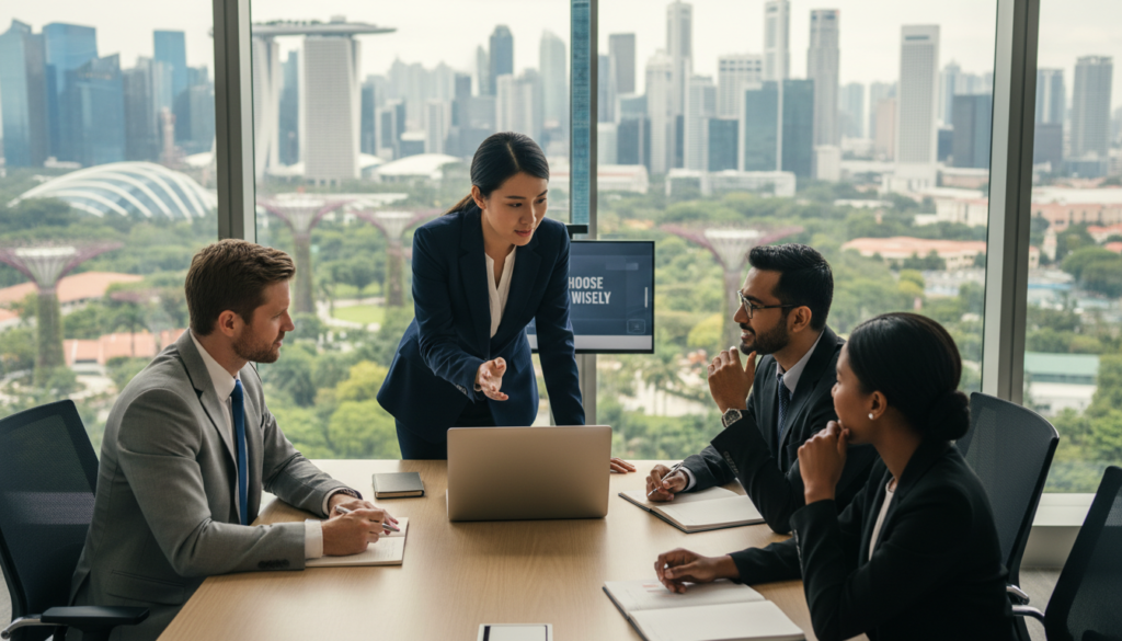 A professional business meeting scene in a modern office setting, focused on a diverse group of four business professionals engaged in discussion around a sleek conference table. In the foreground, a confident Asian female entrepreneur in smart business attire is pointing at charts on a laptop. Beside her, a middle-aged Caucasian man, also dressed in formal business attire, is taking notes. In the background, large windows showcase a panoramic view of Singapore’s skyline, highlighting iconic skyscrapers and lush greenery. Soft, natural lighting streams in, creating an inviting atmosphere. The image captures a spirit of collaboration and decision-making, emphasizing the importance of choosing the right entity for business success. Photorealistic rendering, with a slightly elevated angle to showcase both the individuals and the view.