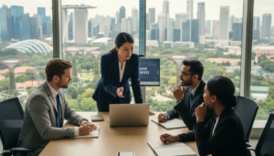A professional business meeting scene in a modern office setting, focused on a diverse group of four business professionals engaged in discussion around a sleek conference table. In the foreground, a confident Asian female entrepreneur in smart business attire is pointing at charts on a laptop. Beside her, a middle-aged Caucasian man, also dressed in formal business attire, is taking notes. In the background, large windows showcase a panoramic view of Singapore’s skyline, highlighting iconic skyscrapers and lush greenery. Soft, natural lighting streams in, creating an inviting atmosphere. The image captures a spirit of collaboration and decision-making, emphasizing the importance of choosing the right entity for business success. Photorealistic rendering, with a slightly elevated angle to showcase both the individuals and the view.