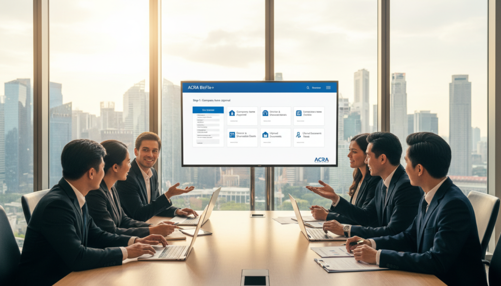 A professional business setting illustrating the process of Singapore private limited company registration through ACRA BizFile+. In the foreground, a diverse group of business people in smart business attire, engaged in discussion around a sleek modern conference table, with laptops and documents spread out. The middle layer shows a large screen displaying the ACRA BizFile+ interface, showcasing step-by-step registration visuals. In the background, large windows reveal a cityscape of Singapore, under bright, natural lighting that creates a productive atmosphere. The scene conveys a sense of collaboration and professionalism, capturing the essence of business setup in Singapore. The image should be photorealistic, with polished surfaces and warm lighting.