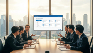 A professional business setting illustrating the process of Singapore private limited company registration through ACRA BizFile+. In the foreground, a diverse group of business people in smart business attire, engaged in discussion around a sleek modern conference table, with laptops and documents spread out. The middle layer shows a large screen displaying the ACRA BizFile+ interface, showcasing step-by-step registration visuals. In the background, large windows reveal a cityscape of Singapore, under bright, natural lighting that creates a productive atmosphere. The scene conveys a sense of collaboration and professionalism, capturing the essence of business setup in Singapore. The image should be photorealistic, with polished surfaces and warm lighting.