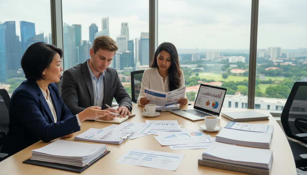 A professional business setting showcasing a diverse group of individuals actively engaged in discussions about choosing the right business bank account. In the foreground, a middle-aged Asian businesswoman in a smart blazer points to a laptop screen displaying financial charts. Beside her, a young Caucasian man in a sharp suit takes notes on a notepad, while a South Asian woman in a smart-casual outfit examines brochures on different bank offers. The middle ground shows a stylish conference table filled with documents and financial comparison charts. In the background, large windows reveal a modern Singapore skyline under soft natural lighting, creating an atmosphere of collaboration and informed decision-making. The image is shot from a slightly elevated angle to capture the interactions dynamically, emphasizing the importance of choosing the right account for various business stages.