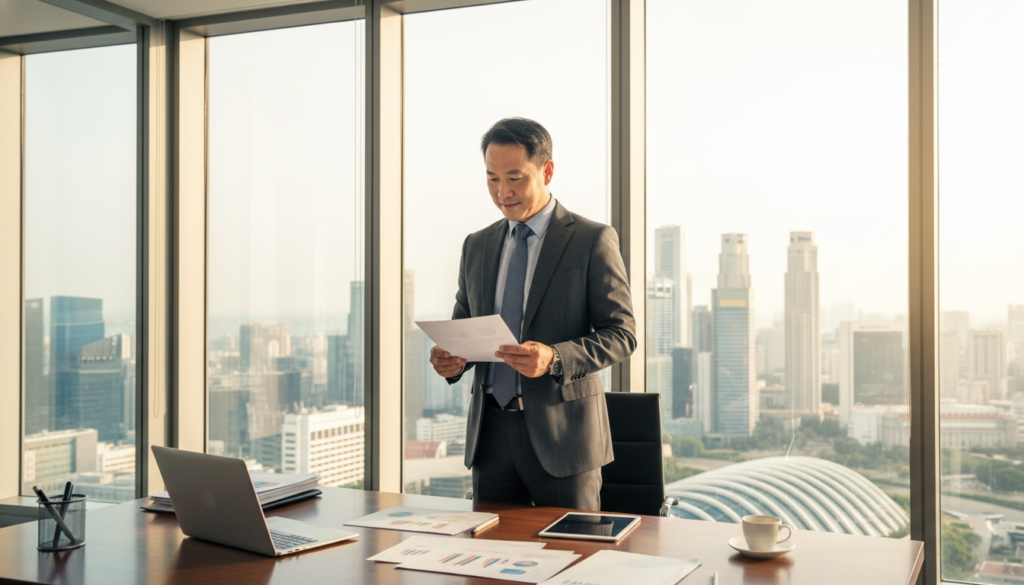 A professional local resident director in a modern Singaporean office setting, dressed in a smart business suit, confidently reviewing company documents. The foreground features a sleek wooden desk with a laptop and various paperwork, symbolizing business activity. In the middle ground, the director, a middle-aged Asian man, poses thoughtfully with a slight smile, embodying professionalism and authority. The background shows a panoramic view of Singapore's iconic skyline through large glass windows, with bright natural lighting illuminating the scene, adding positivity. The atmosphere feels dynamic and vibrant, reflecting the essence of entrepreneurship and local governance. The composition is captured with a wide-angle lens for depth, ensuring a polished and photorealistic quality.