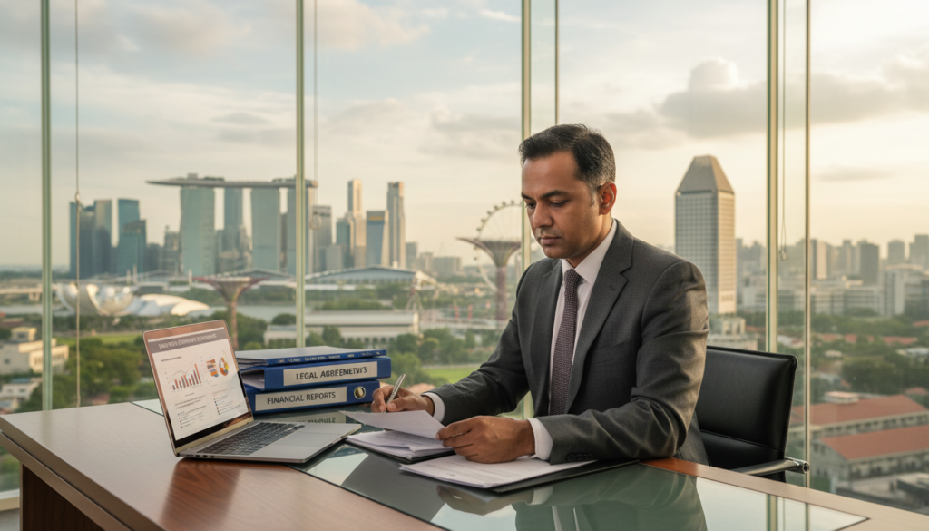 A professional nominee director sitting at a sleek, modern office desk in Singapore, surrounded by glass walls offering a view of the city's skyline. The foreground features the director, a middle-aged South Asian man, dressed in a tailored dark suit and tie, attentively reviewing documents. In the middle ground, a laptop displays a business presentation, while various legal and corporate files are neatly arranged. The background shows a vibrant cityscape with iconic buildings, bathed in soft, natural light filtering through the windows, creating a warm atmosphere. The scene captures a sense of professionalism, stability, and trust, ideal for illustrating the benefits of local resident director services. Use a 50mm lens for a sharp focus on the director, with a slightly blurred background for depth. A professional nominee director sitting at a sleek, modern office desk in Singapore, surrounded by glass walls offering a view of the city's skyline. The foreground features the director, a middle-aged South Asian man, dressed in a tailored dark suit and tie, attentively reviewing documents. In the middle ground, a laptop displays a business presentation, while various legal and corporate files are neatly arranged. The background shows a vibrant cityscape with iconic buildings, bathed in soft, natural light filtering through the windows, creating a warm atmosphere. The scene captures a sense of professionalism, stability, and trust, ideal for illustrating the benefits of local resident director services. Use a 50mm lens for a sharp focus on the director, with a slightly blurred background for depth.